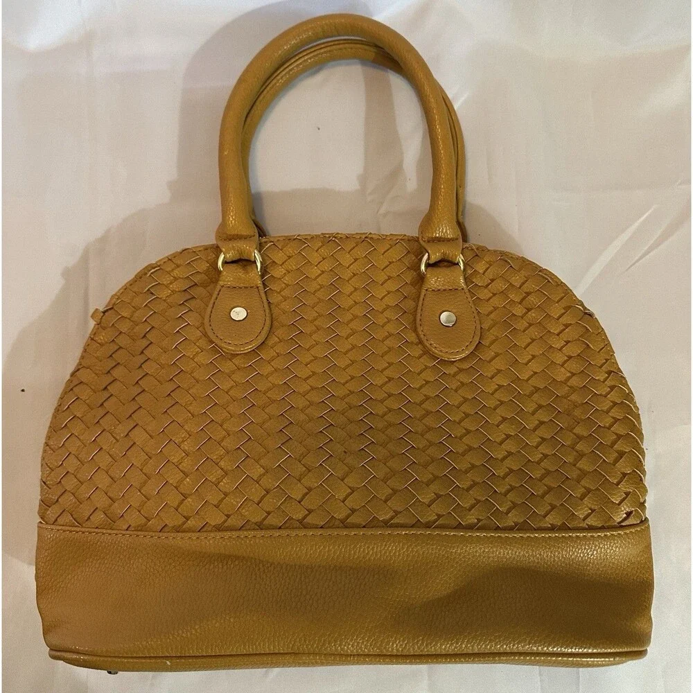 Neiman Marcus Woven Leather Satchel Tan Mustard Shoulder Bag Boho Chic